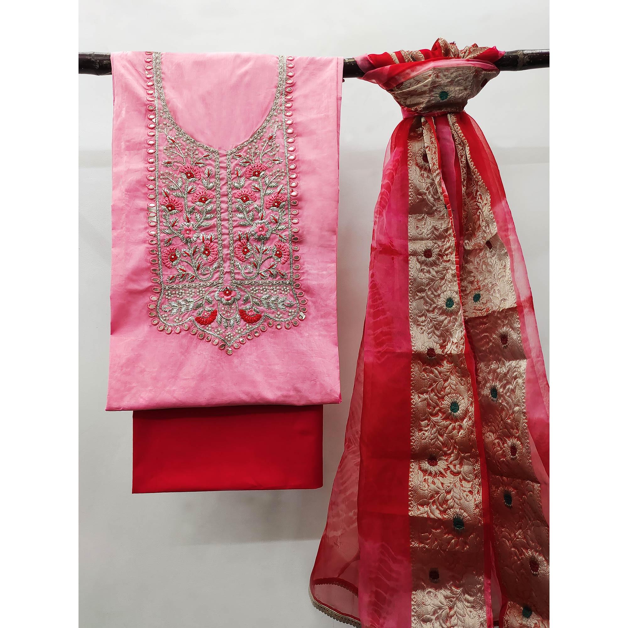 Pink Floral Embroidered Pure Cotton Dress Material - Image 3