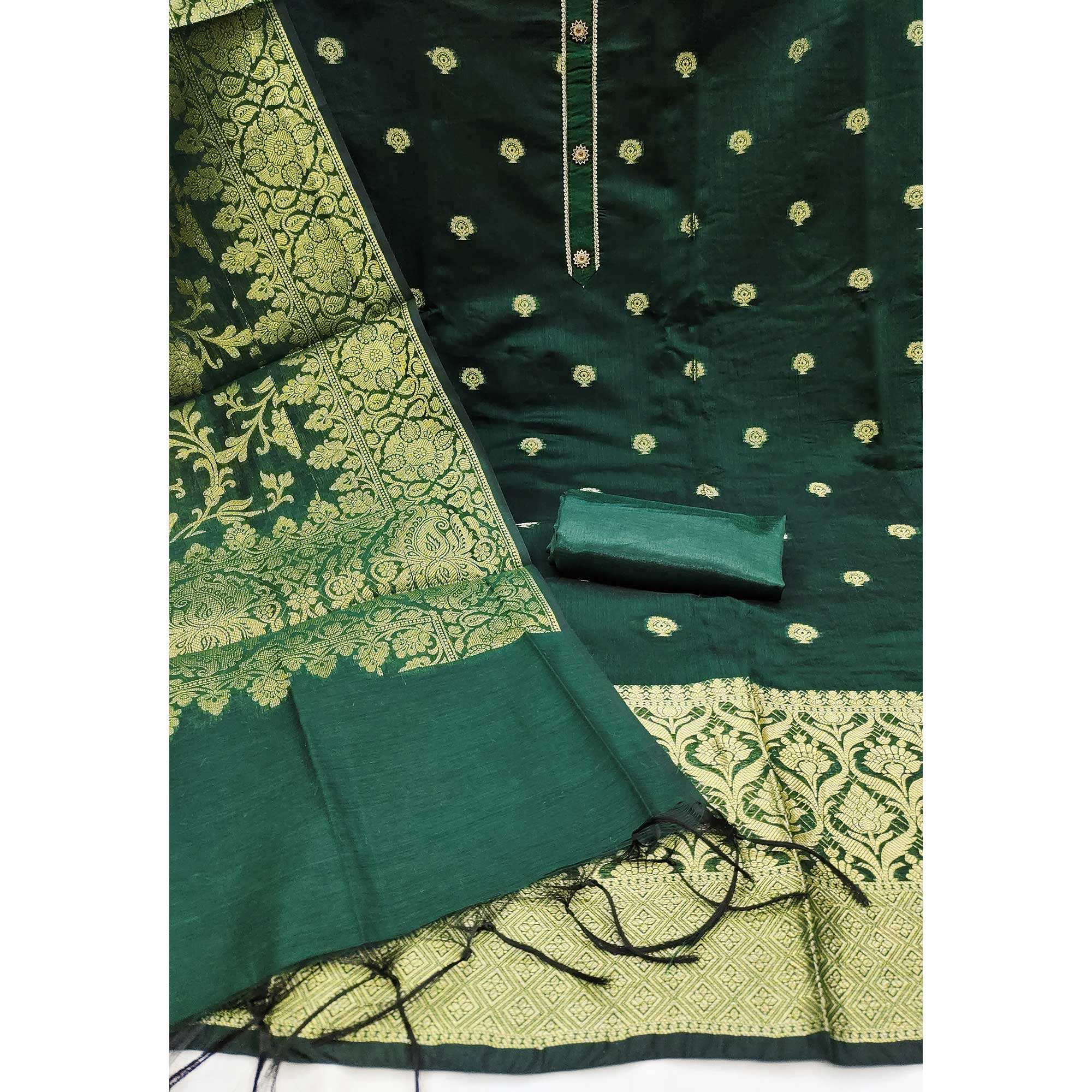 Green Floral Woven Banarasi Silk Dress Material - Image 2