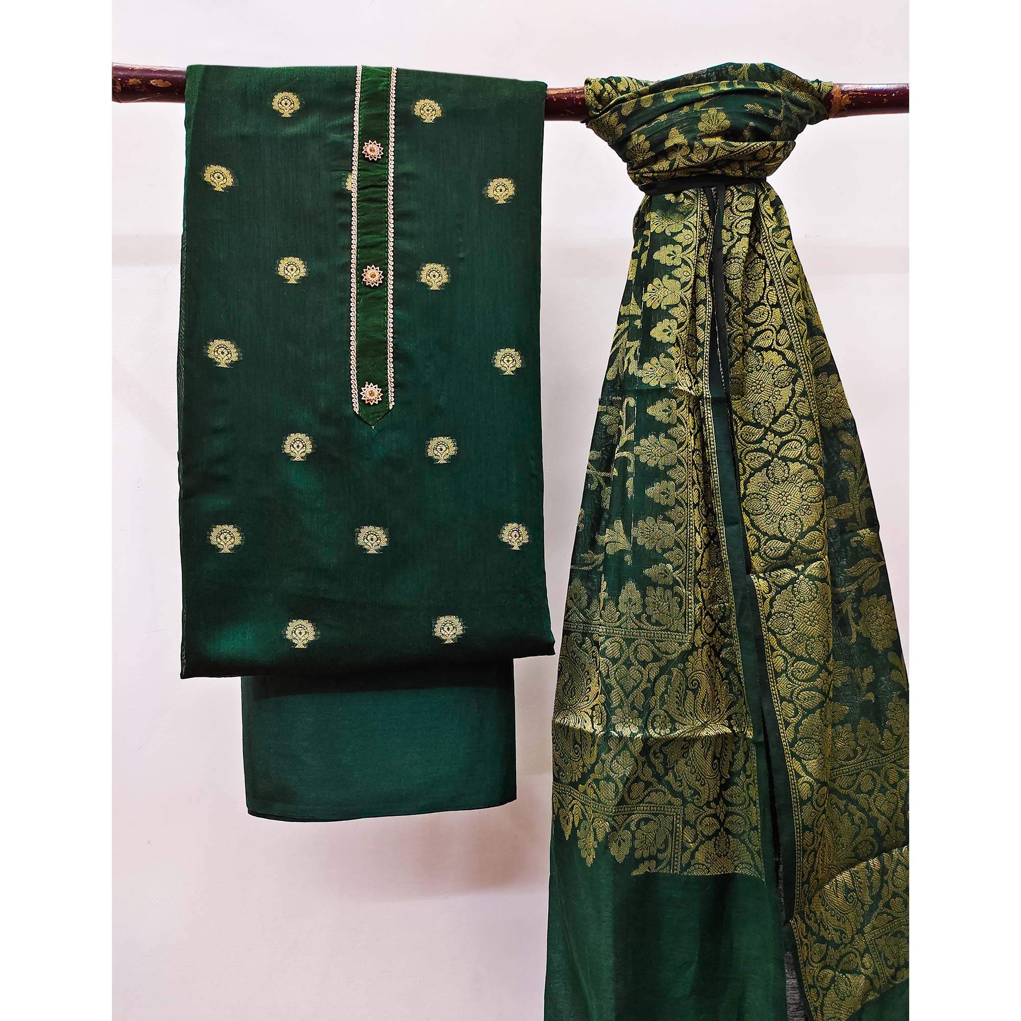 Green Floral Woven Banarasi Silk Dress Material - Image 3