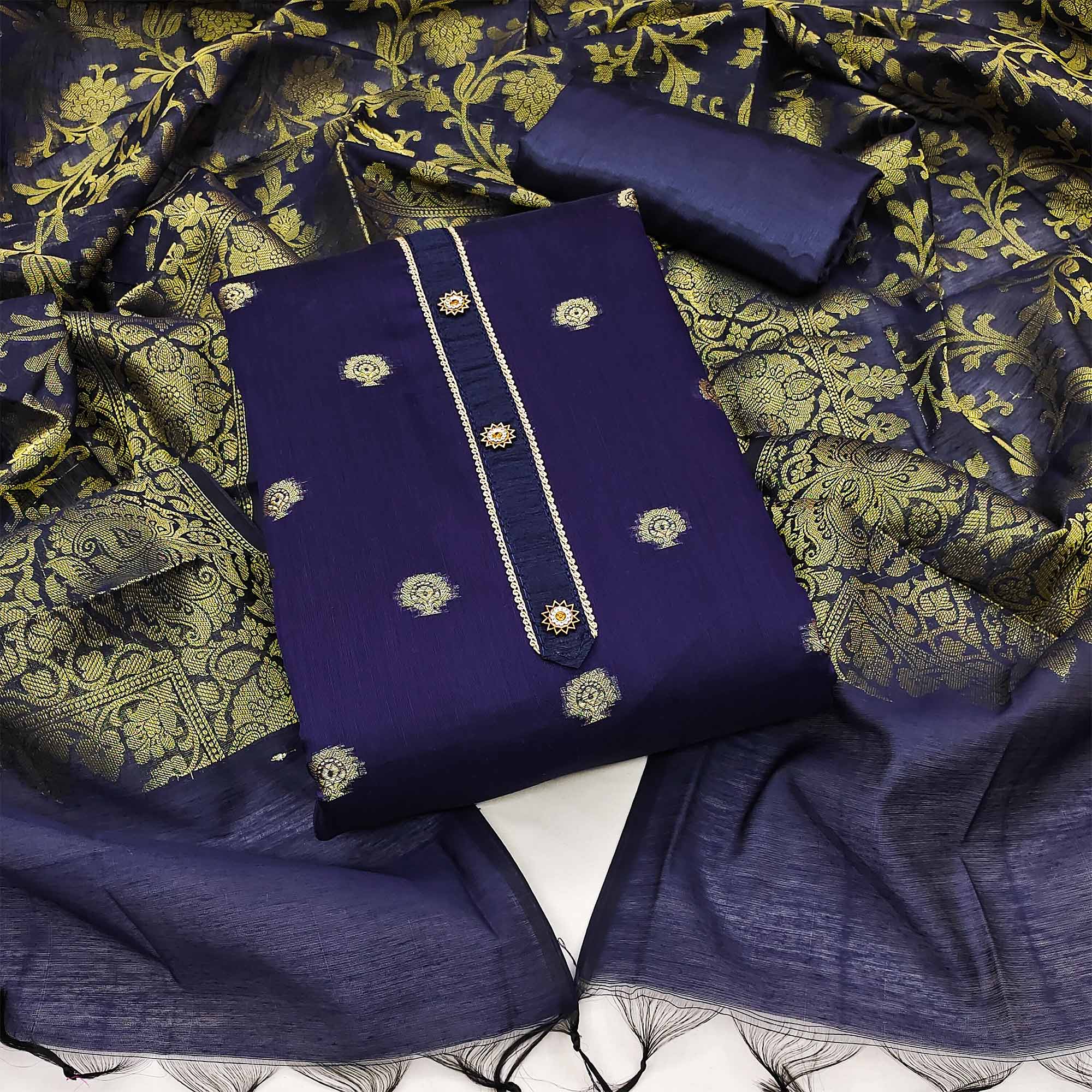 Dark Navy Blue Floral Woven Banarasi Silk Dress Material