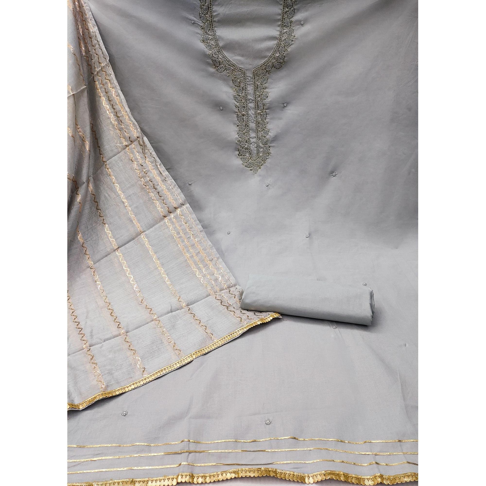Grey Zardosi Moti Work Pure Cotton Dress Material - Image 2