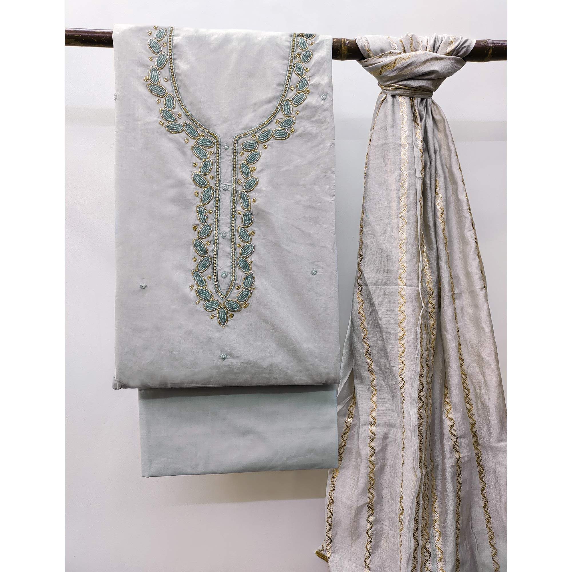 Grey Zardosi Moti Work Pure Cotton Dress Material - Image 3