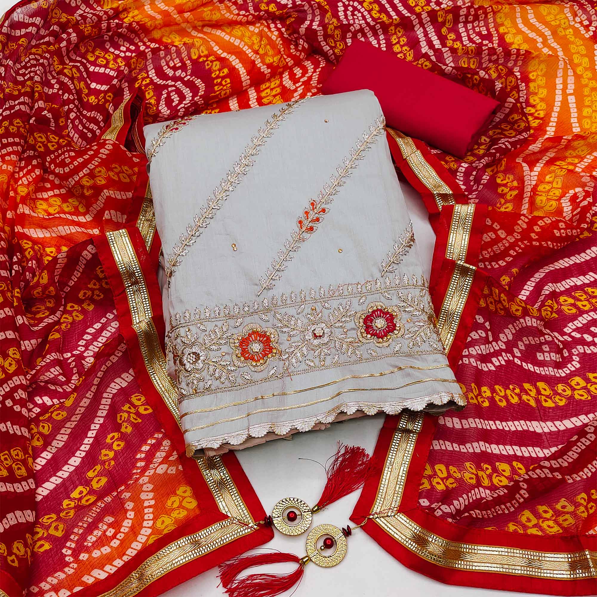 Grey Floral Embroidered Pure Cotton Dress Material