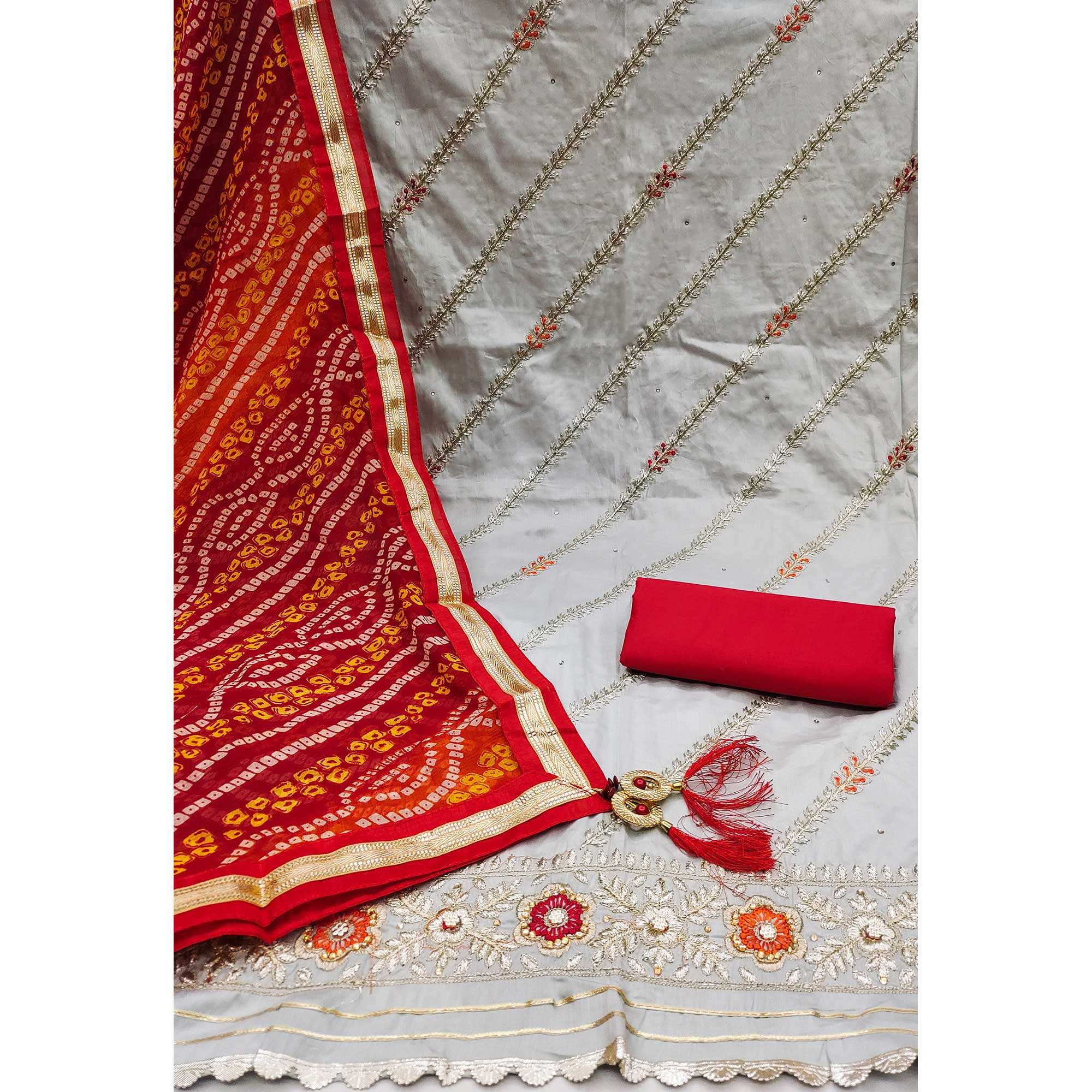 Grey Floral Embroidered Pure Cotton Dress Material - Image 2