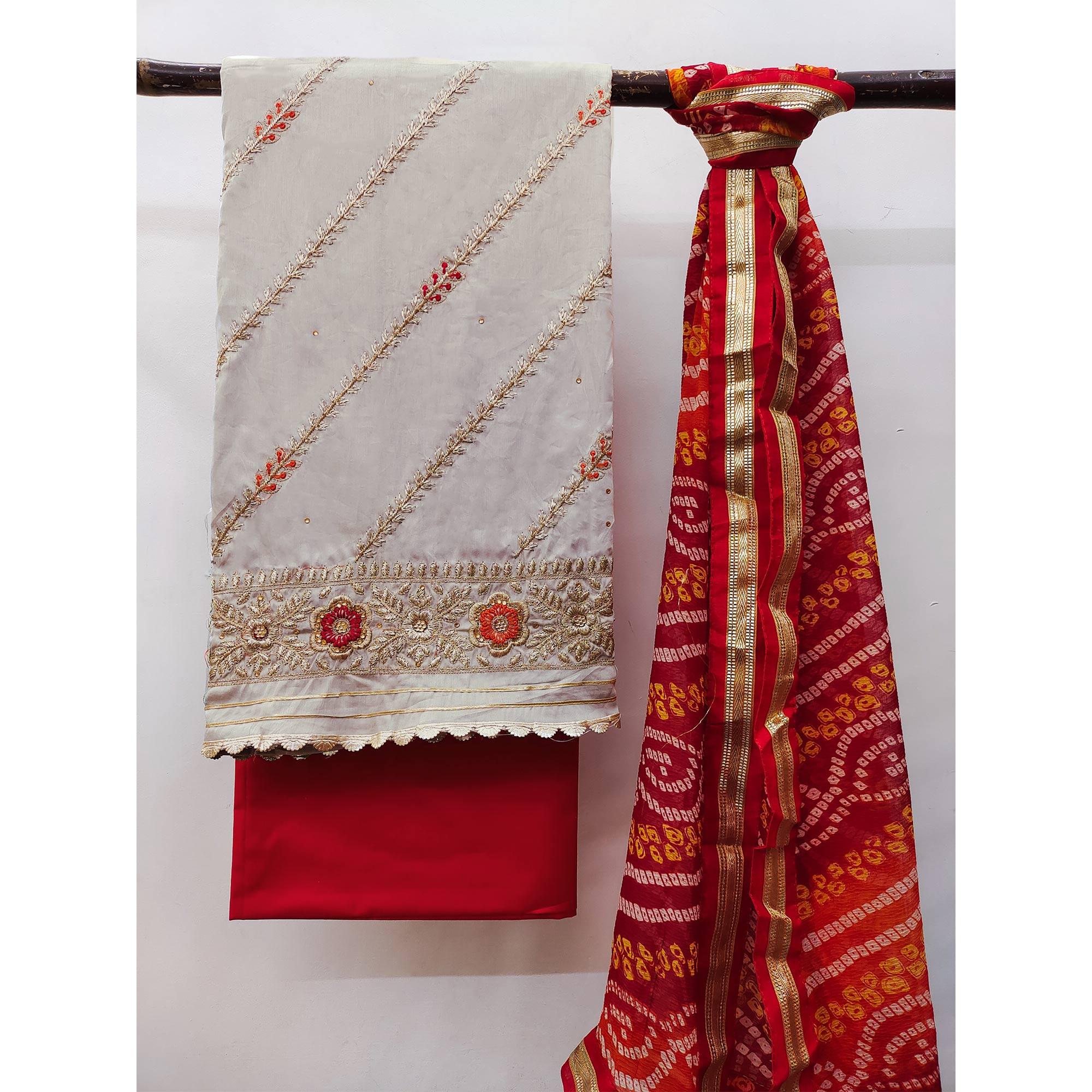 Grey Floral Embroidered Pure Cotton Dress Material - Image 3