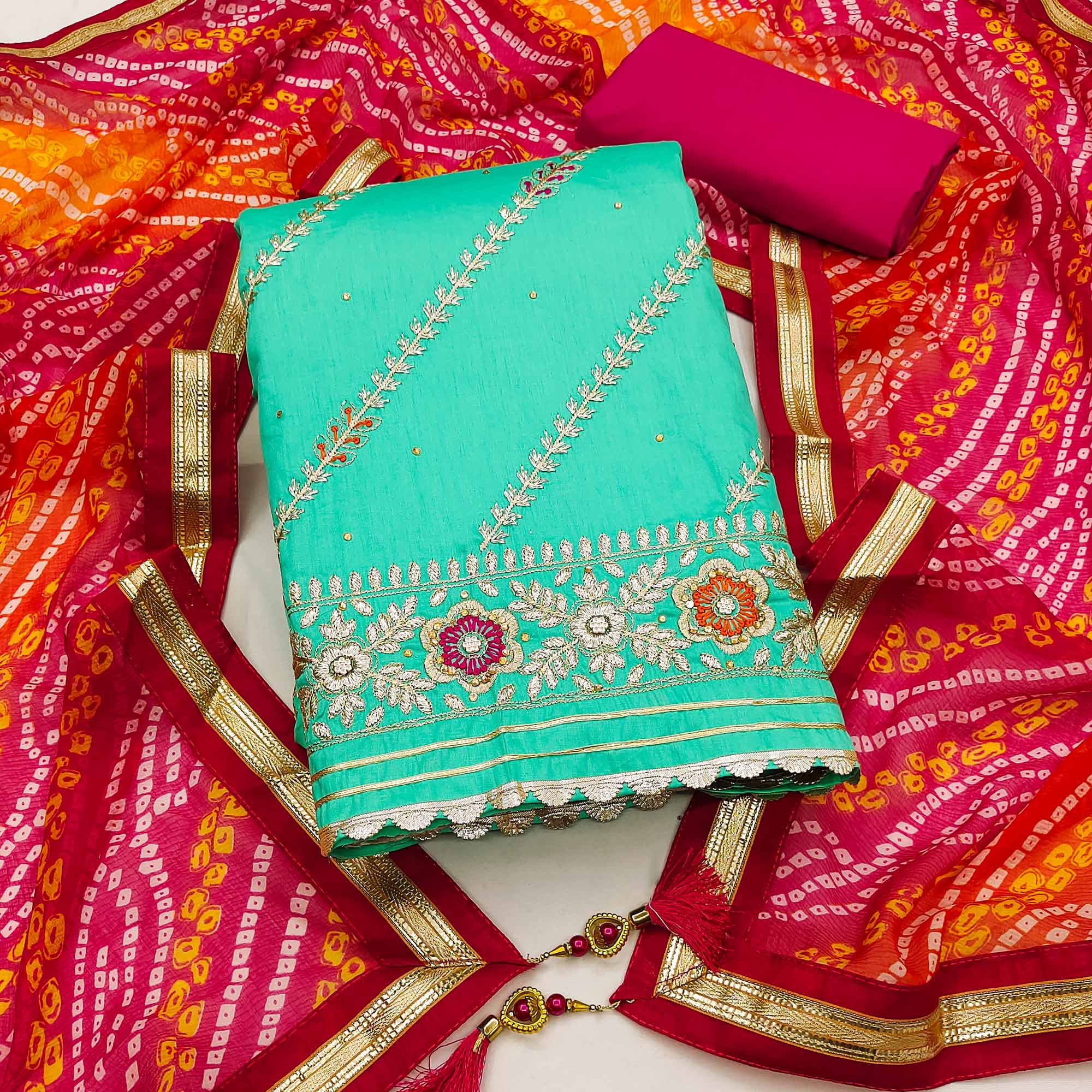 Turquoise Floral Embroidered Pure Cotton Dress Material