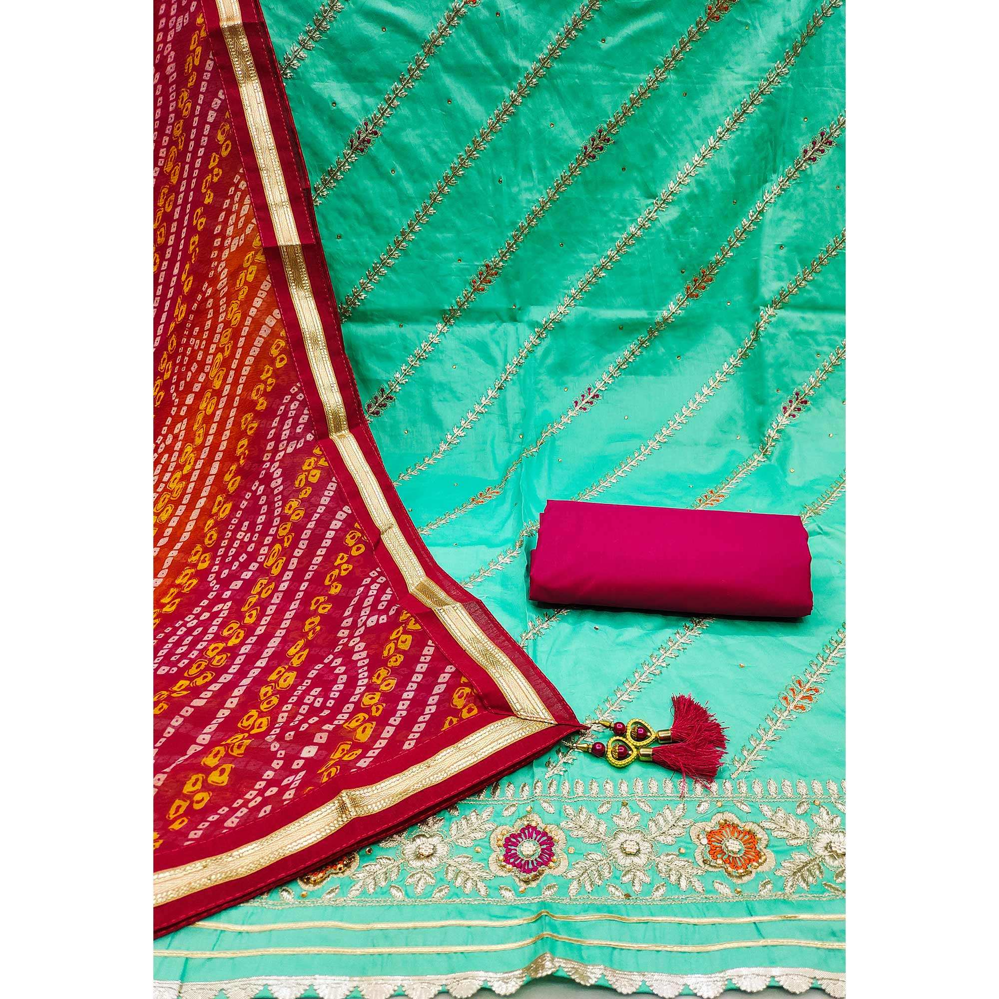 Turquoise Floral Embroidered Pure Cotton Dress Material - Image 2