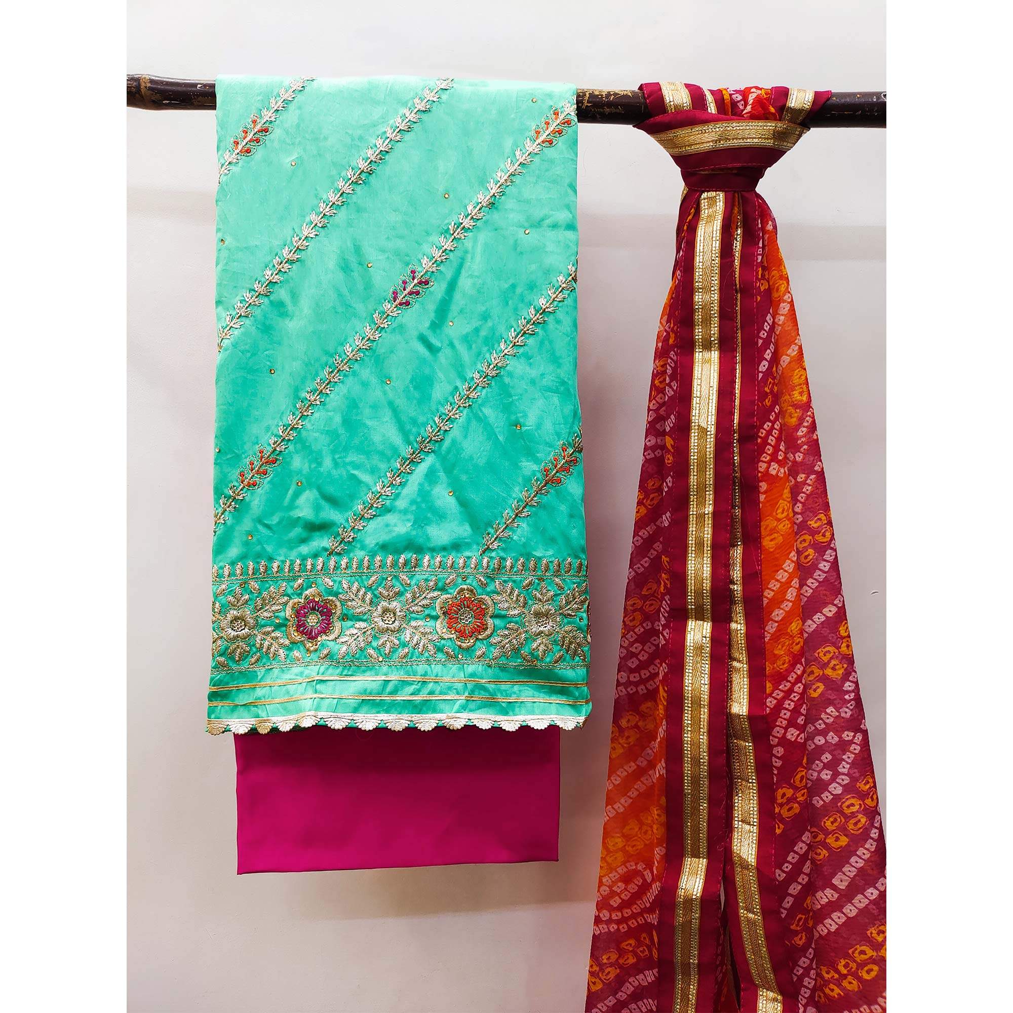Turquoise Floral Embroidered Pure Cotton Dress Material - Image 3