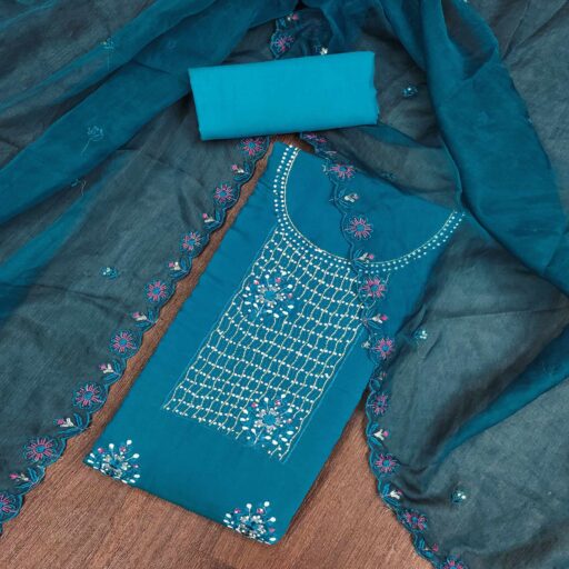 Blue Floral Embroidery With Handwork Roman Cotton Silk Material