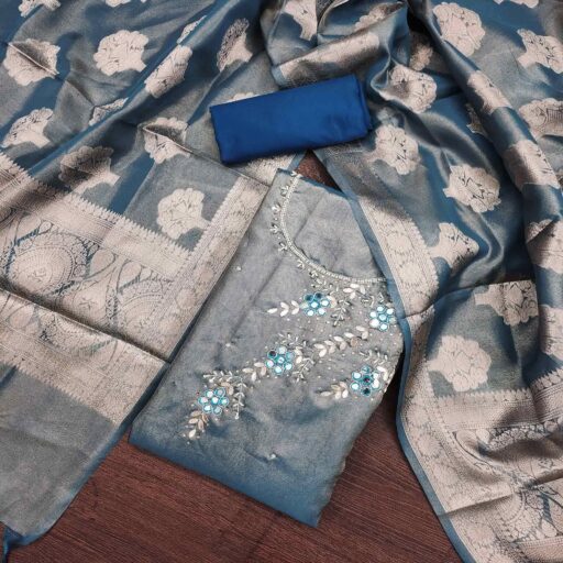 Blue Floral Hand Embroidered Viscose Dress Material - Image 3