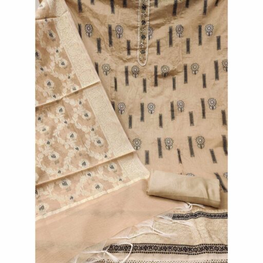Chikoo Floral Woven With Handwork Chanderi Silk Dress Material - Image 2