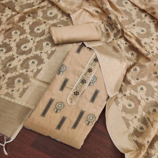 Chikoo Floral Woven With Handwork Chanderi Silk Dress Material - Image 3