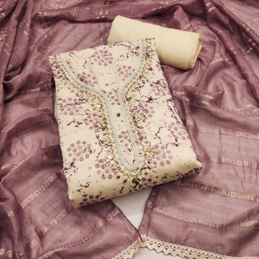 Cream & Mauve Digital Printed With Hand Embroidered Muslin Dress Material