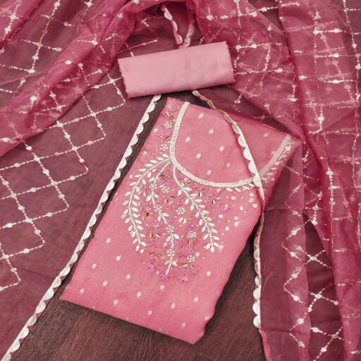 Gajari Pink Woven With Handwork Shimmer Banarasi Silk Material