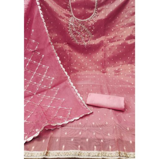 Gajari Pink Woven With Handwork Shimmer Banarasi Silk Material - Image 2