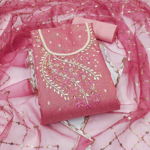 Gajari Pink Woven With Handwork Shimmer Banarasi Silk Material - Image 3