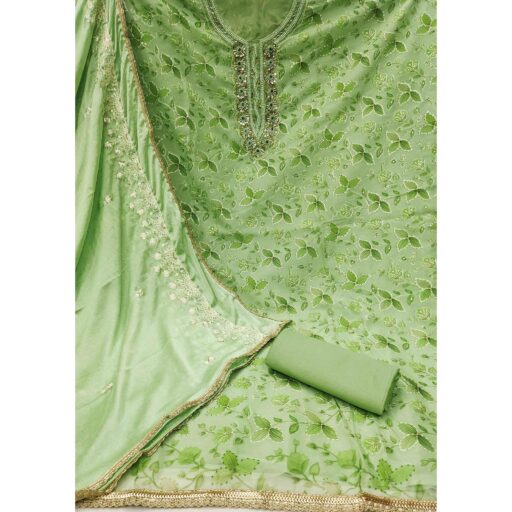 Green Floral Hand Embroidered Organza Dress Material - Image 2
