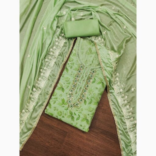 Green Floral Hand Embroidered Organza Dress Material - Image 3