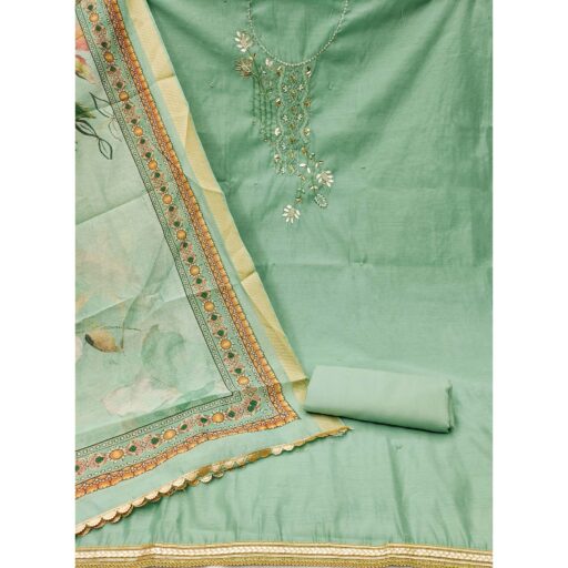 Green Floral Hand Embroidery Chanderi Dress Material - Image 2