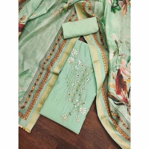 Green Floral Hand Embroidery Chanderi Dress Material - Image 3