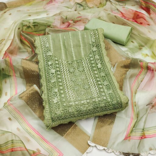 Green Floral Sequins Embroidered Cotton Silk Dress Material