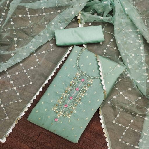 Green Woven With Handwork Organza Dress Material - Image 3