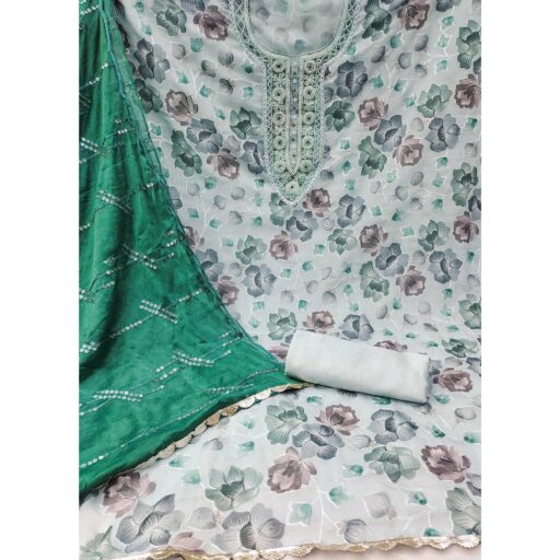 Light Grey Hand Embroidery With Digital Printed Organza Dress Material - Image 2