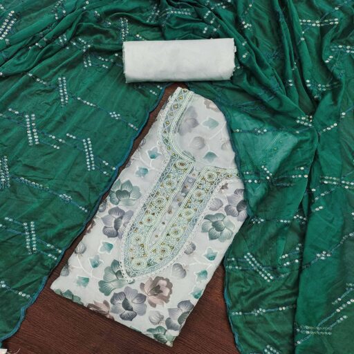 Light Grey Hand Embroidery With Digital Printed Organza Dress Material - Image 3