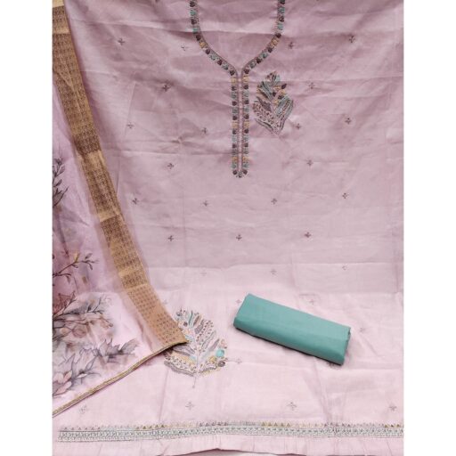 Light Pink Floral Embroidered Cotton Silk Dress Material - Image 2