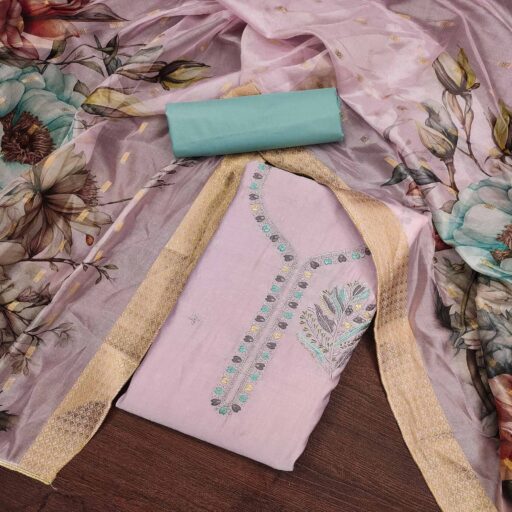 Light Pink Floral Embroidered Cotton Silk Dress Material - Image 3