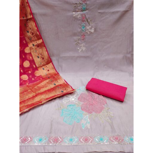 Light Purple Floral Embroidered Cotton Silk Dress Material - Image 2