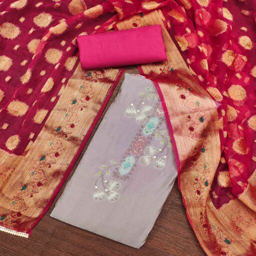 Light Purple Floral Embroidered Cotton Silk Dress Material - Image 3