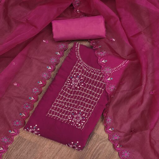Magenta Floral Embroidery With Handwork Roman Cotton Silk Material