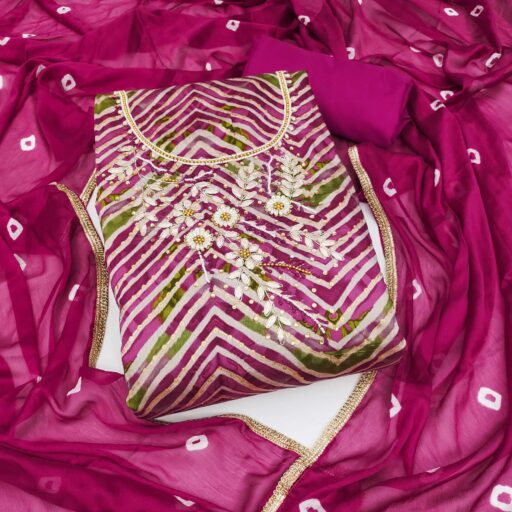 Magenta Zig Zag Printed with Floral Handwork Roman Cotton Silk Dress Material