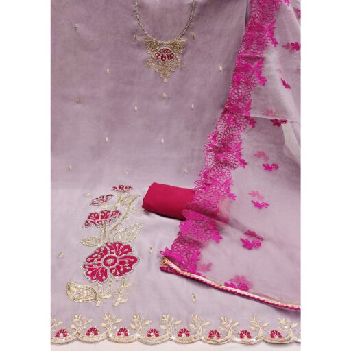 Mauve Floral Hand Embroidered Cotton Silk Dress Material - Image 2