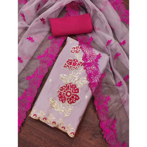 Mauve Floral Hand Embroidered Cotton Silk Dress Material - Image 3