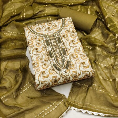 Mehendi Green Digital Printed With Hand Embroidered Muslin Dress Material