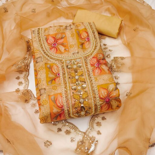 Mustard Floral Print With Sequins Hand Embroidered Organza Dress Material