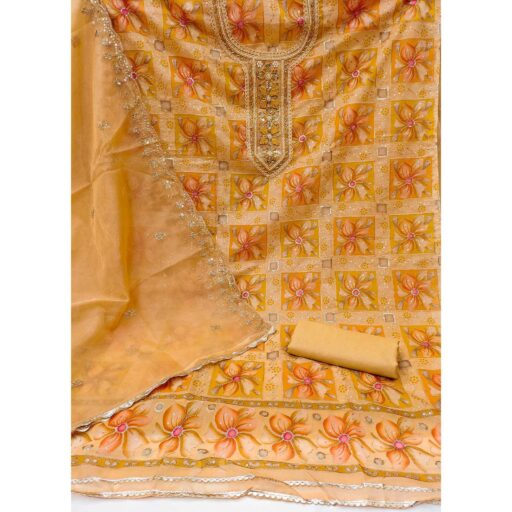 Mustard Floral Print With Sequins Hand Embroidered Organza Dress Material - Image 2