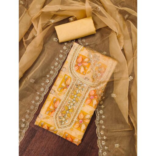 Mustard Floral Print With Sequins Hand Embroidered Organza Dress Material - Image 3