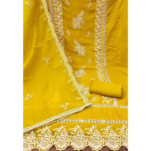 Mustard Floral Sequins Embroidered Organza Dress Material - Image 2