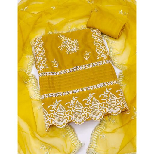 Mustard Floral Sequins Embroidered Organza Dress Material - Image 3