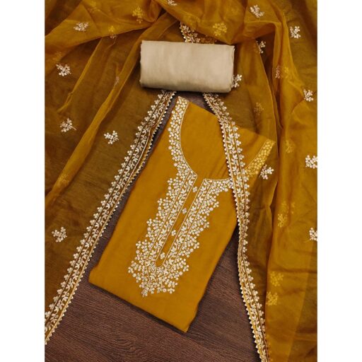 Mustard Sequins Embroidered Cotton Silk Dress Material - Image 3