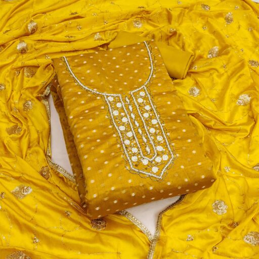 Mustard Woven With Hand Embroidery Chanderi Dress Material