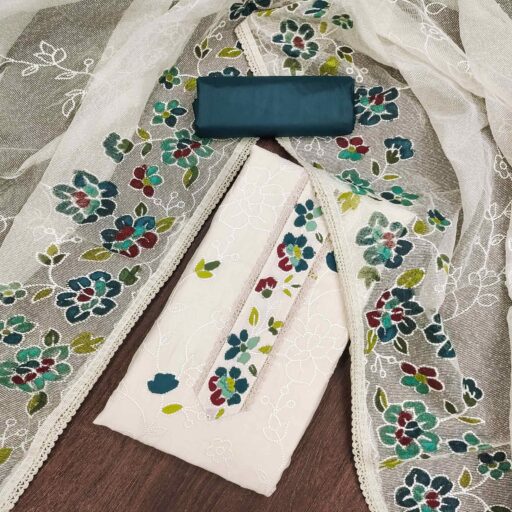 Offwhite & Morpich Floral Embroidery With Printed Roman Cotton Silk Material