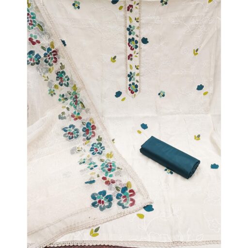 Offwhite & Morpich Floral Embroidery With Printed Roman Cotton Silk Material - Image 2