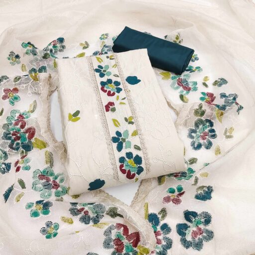 Offwhite & Morpich Floral Embroidery With Printed Roman Cotton Silk Material - Image 3
