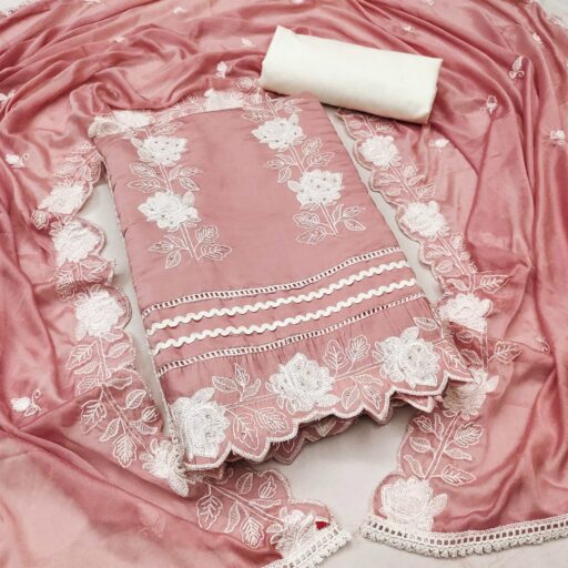 Peach Floral Stone Embroidered Cotton Silk Dress Material