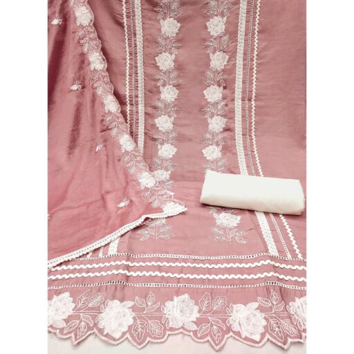 Peach Floral Stone Embroidered Cotton Silk Dress Material - Image 2