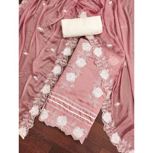 Peach Floral Stone Embroidered Cotton Silk Dress Material - Image 3